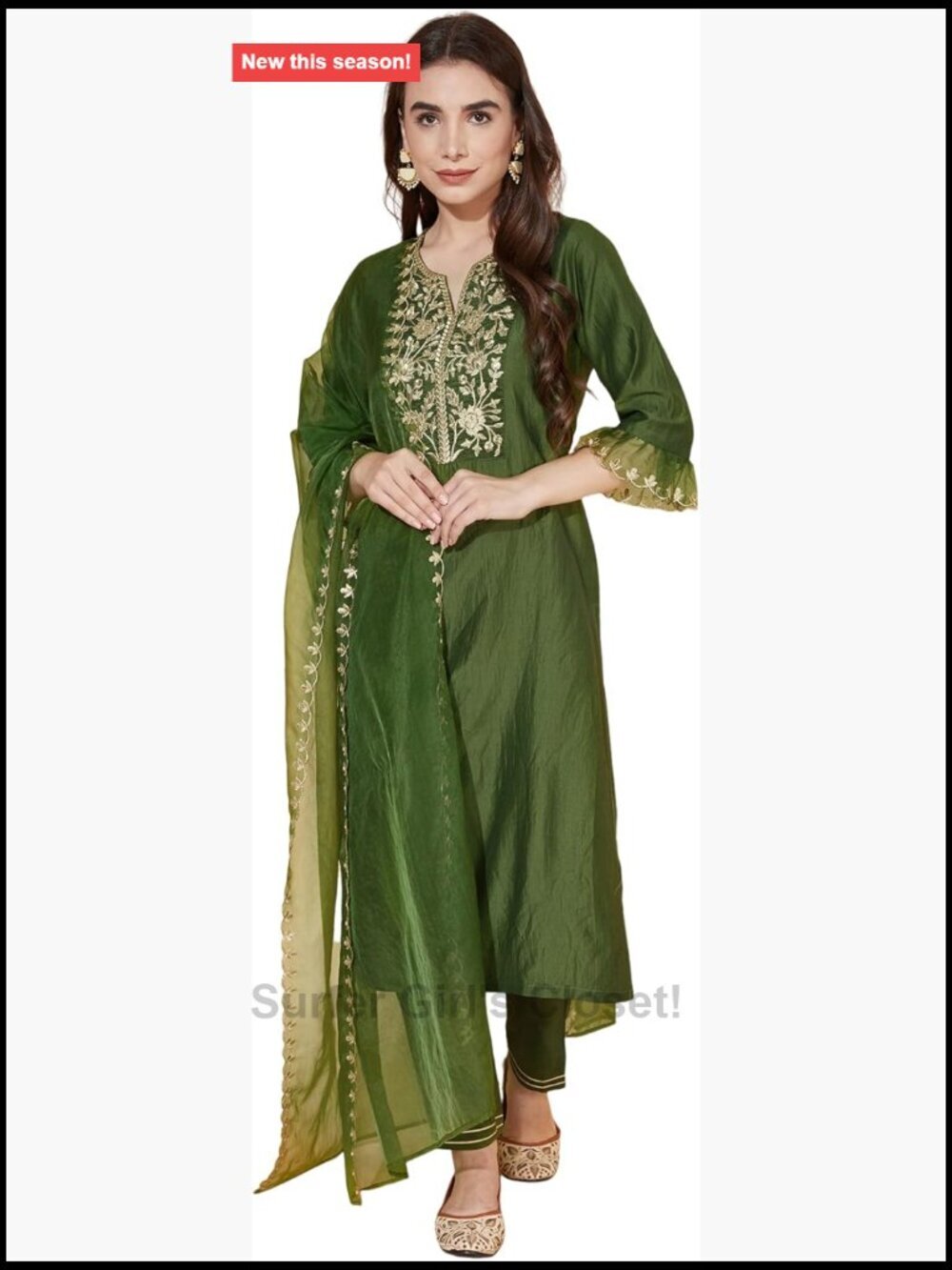 Embroidery Chinnon Silk Straight Kurta Set with Dupatta, Keyhole Neck, 3/4
